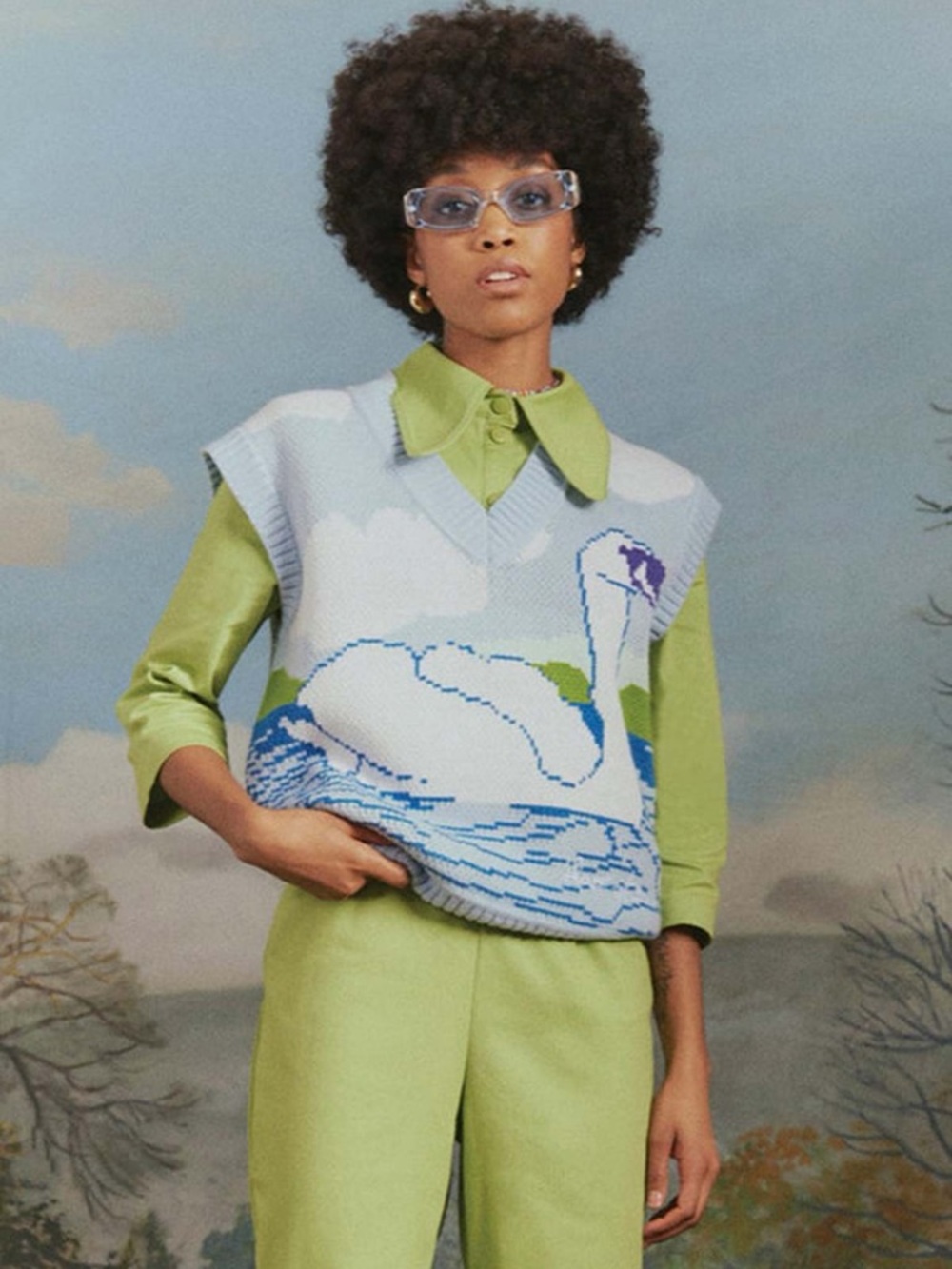 House of Sunny Light Blue and Green Patterned Knit Sweater